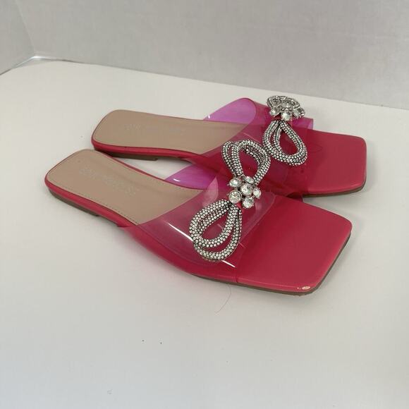 Flat Sandals Bow Rhinestones Size 9 Pink Sparkle Summer Beach Soul Princess - Picture 2 of 8